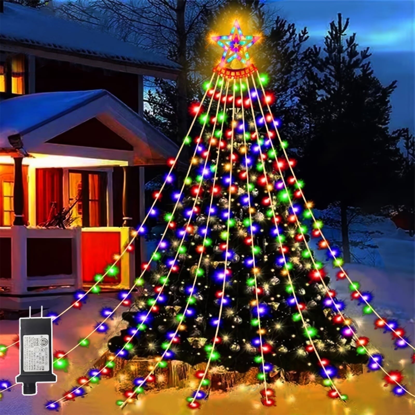 Emossie Outdoor Christmas Decoration Lights, 8 Modes & 350 LED Christmas String Waterfall Fairy Tree Lights Indoor Outdoor Holiday Lighting Decorations, Multicolor, Plug-in