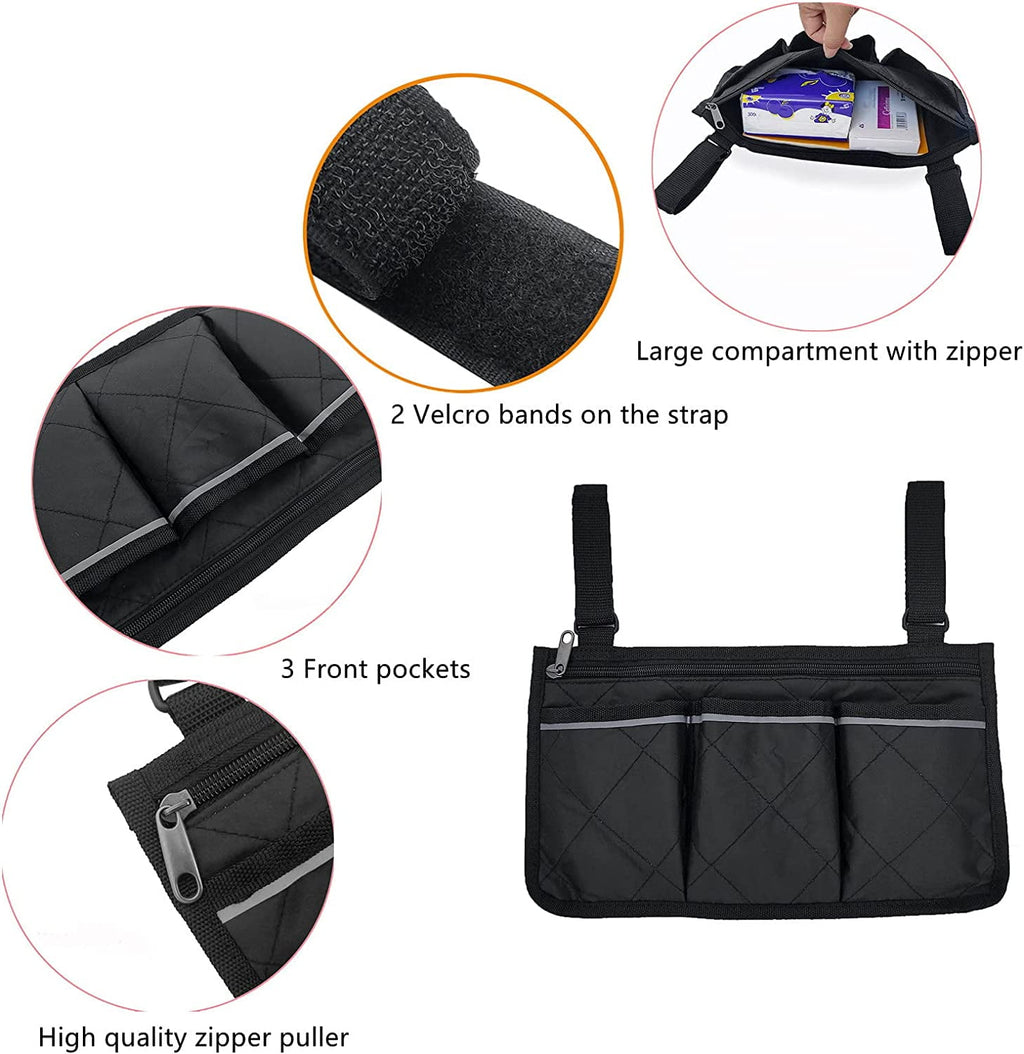 Wheelchair Armrest Side Bag, Waterproof Armrest Pouch Bag with Bright Line,Wheelchair Side Organizer for Walkers, Rollators, Scooters (Black)