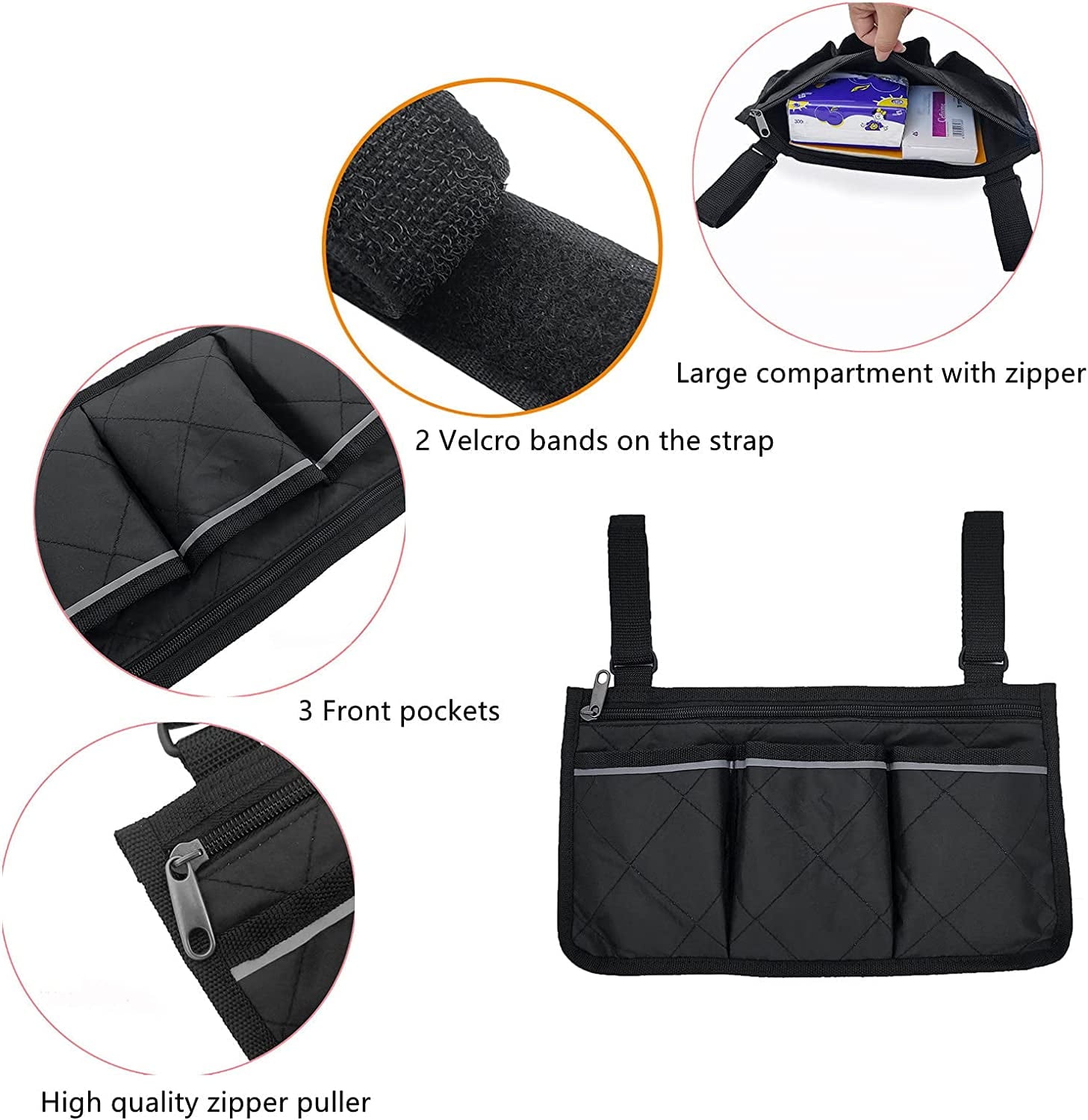 Wheelchair Armrest Side Bag, Waterproof Armrest Pouch Bag with Bright Line,Wheelchair Side Organizer for Walkers, Rollators, Scooters (Black)