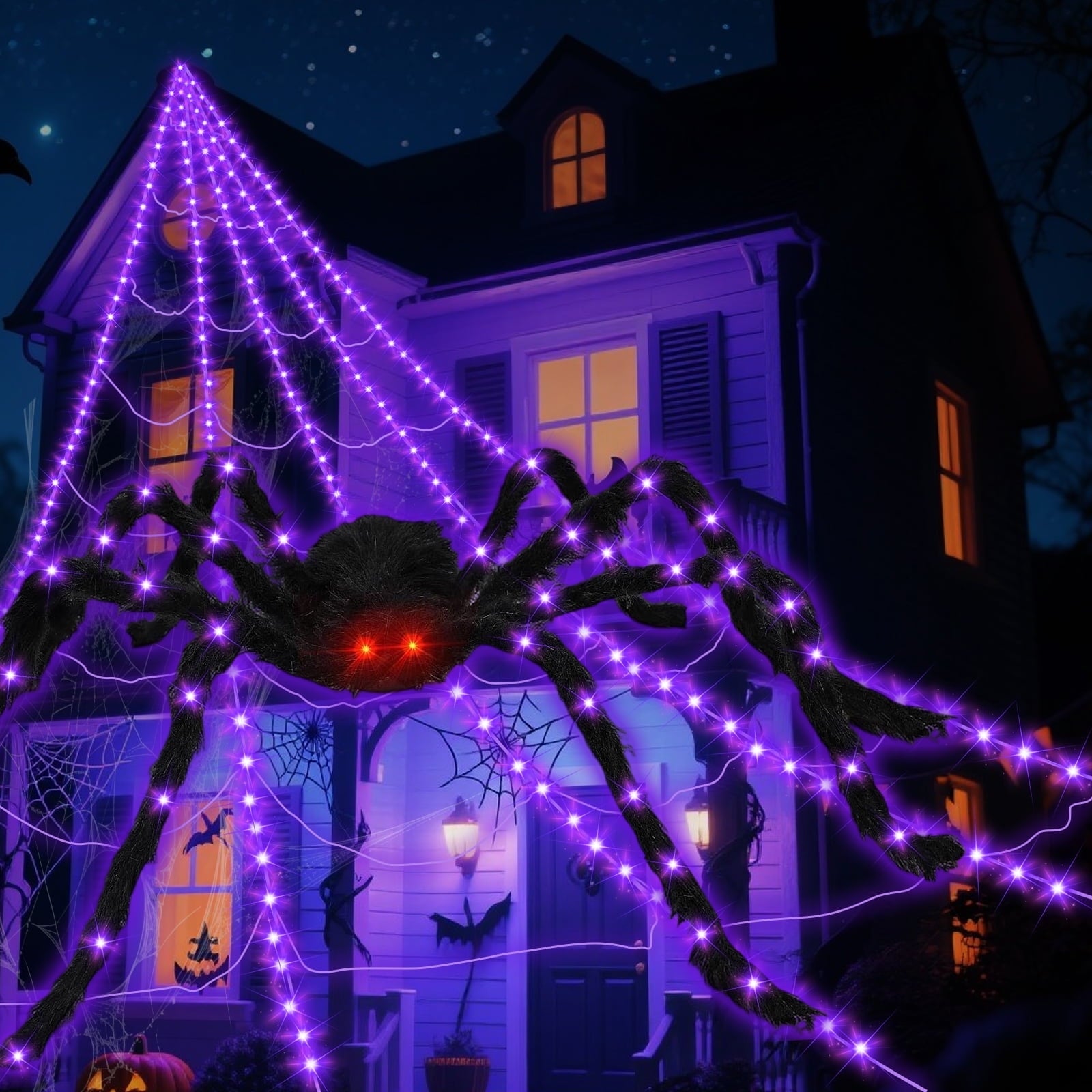 Halloween Outdoor Decoration, 250 LED Halloween Spider Light with 197'' Giant Spiderweb Artificial Spider Halloween Outdoor Decorations with Remote Control for Halloween Party Decor Yard, Garden, Hau