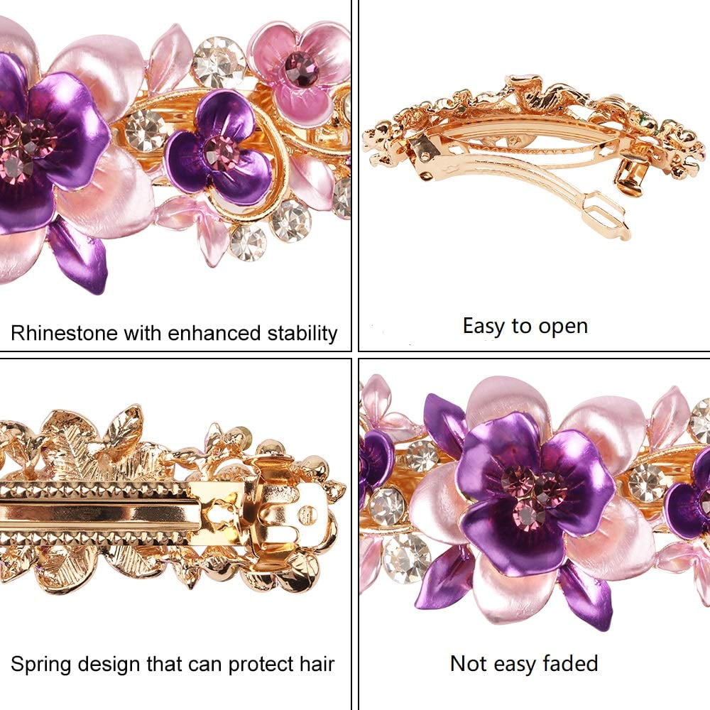 4 Pieces Large Vintage Flower Hair Barrettes for Women,Pink Flower Butterfly Decorative Crystal Rhinestone Hair Clips,French Barrette Hair Accessories For Women Girls Gifts