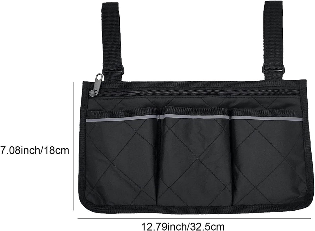 Wheelchair Armrest Side Bag, Waterproof Armrest Pouch Bag with Bright Line,Wheelchair Side Organizer for Walkers, Rollators, Scooters (Black)
