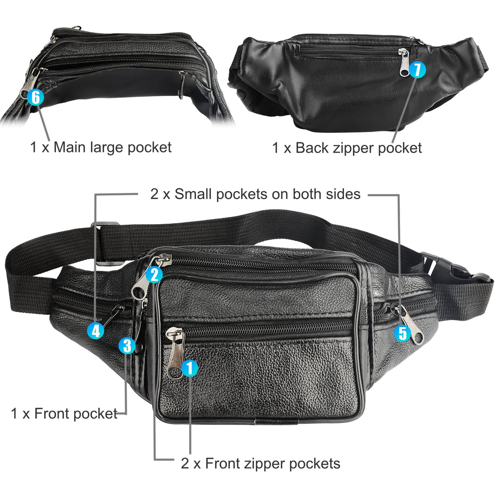 Leather Fanny Pack, DISEN Multi-Pockets Waist Bag with Adjustable Belt for Men Women, Hip Bum Bag, Black