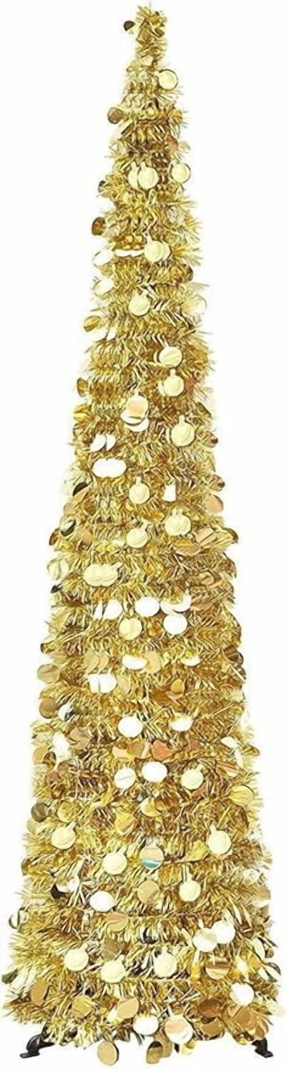 simeccom Christmas Tree Artificial Xmas Tree, 5 Ft Pop Up Tinsel Trees Collapsible Reusable Slim Tree Easy-Assembly for Home Christmas Decoration Golden