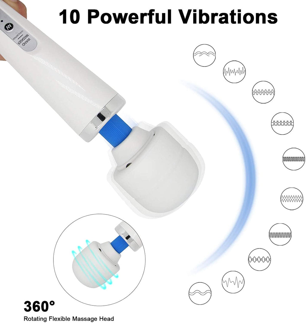 DISEN 10 Speeds USB Wired Powerful Handheld Wand Massager with Strong Vibration, Personal Therapy Massager White