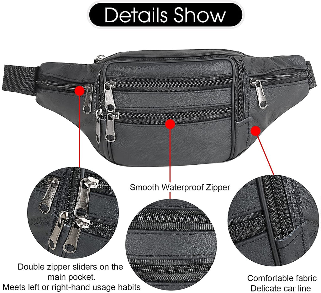 Genuine Leather Waist,Travel Waist Bag 6 Pockets Waist Pack,Suitable for Outdoor Mountaineering Travel Camping Cycling Running etc Fanny pack (Black)