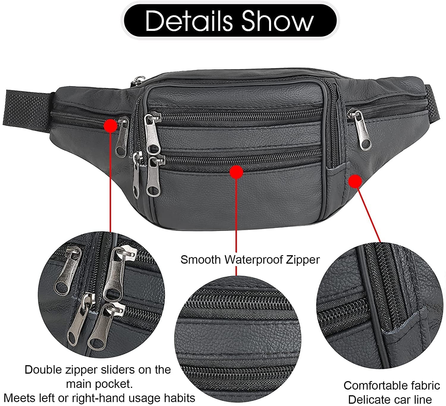 Genuine Leather Waist,Travel Waist Bag 6 Pockets Waist Pack,Suitable for Outdoor Mountaineering Travel Camping Cycling Running etc Fanny pack (Black)