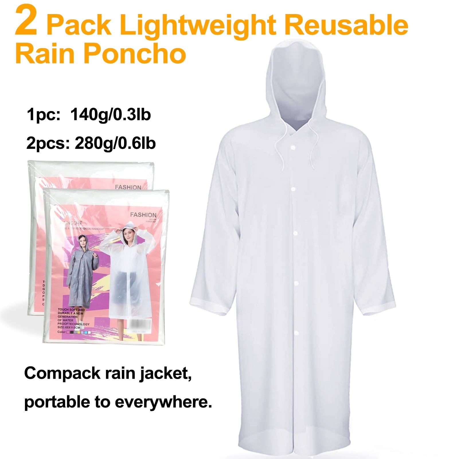 ZOUYUE 2 Pack Rain Ponchos for Adults, Men Women Reusable EVA Clear Raincoat with Hood