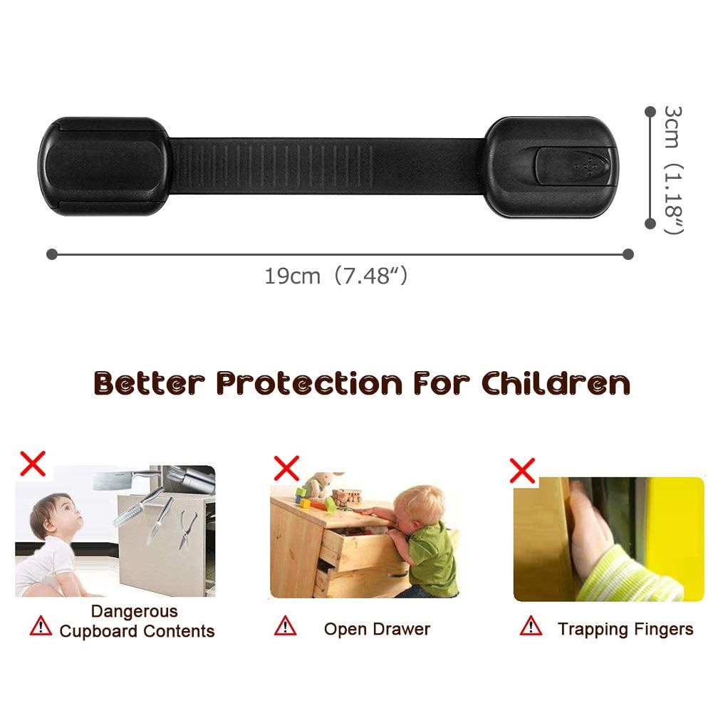 Child Baby Safety Cabinet Locks - Adjustable Strap Baby Proof Latches with No Trapped Fingers for Cupboard Drawers Closet Toilet Seat Oven and Fridge 12 PCS Black