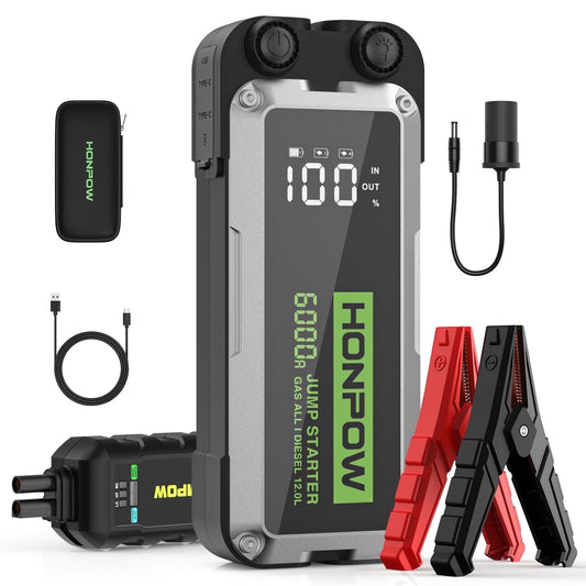 HONPOW Car Battery Jump Starter 6000A Peak 28000mAh Powerful 12V Portable Jump Box (for All Gas or up to 12L Diesel) with USB