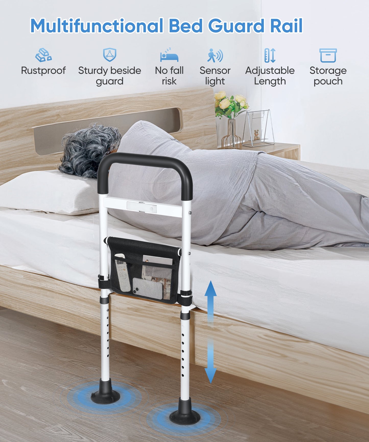 Doulami Bed Rails for Elderly Adults, Adjustable Assist Beds Rail for Senior with Storage Pocket & Motion Light