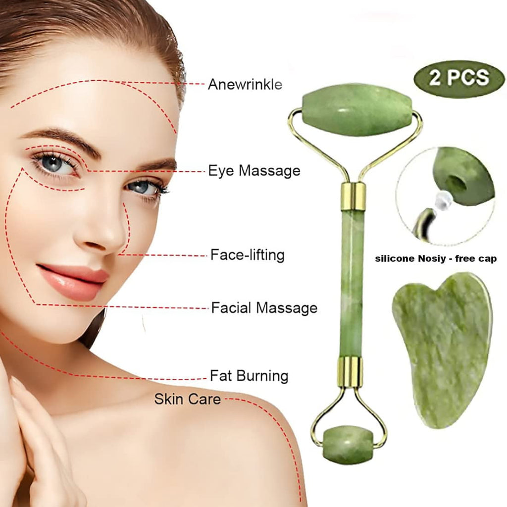 Jade Roller & Gua Sha Set Face Roller and Gua Sha Facial Tools for Skin Care Routine and Puffiness-Green