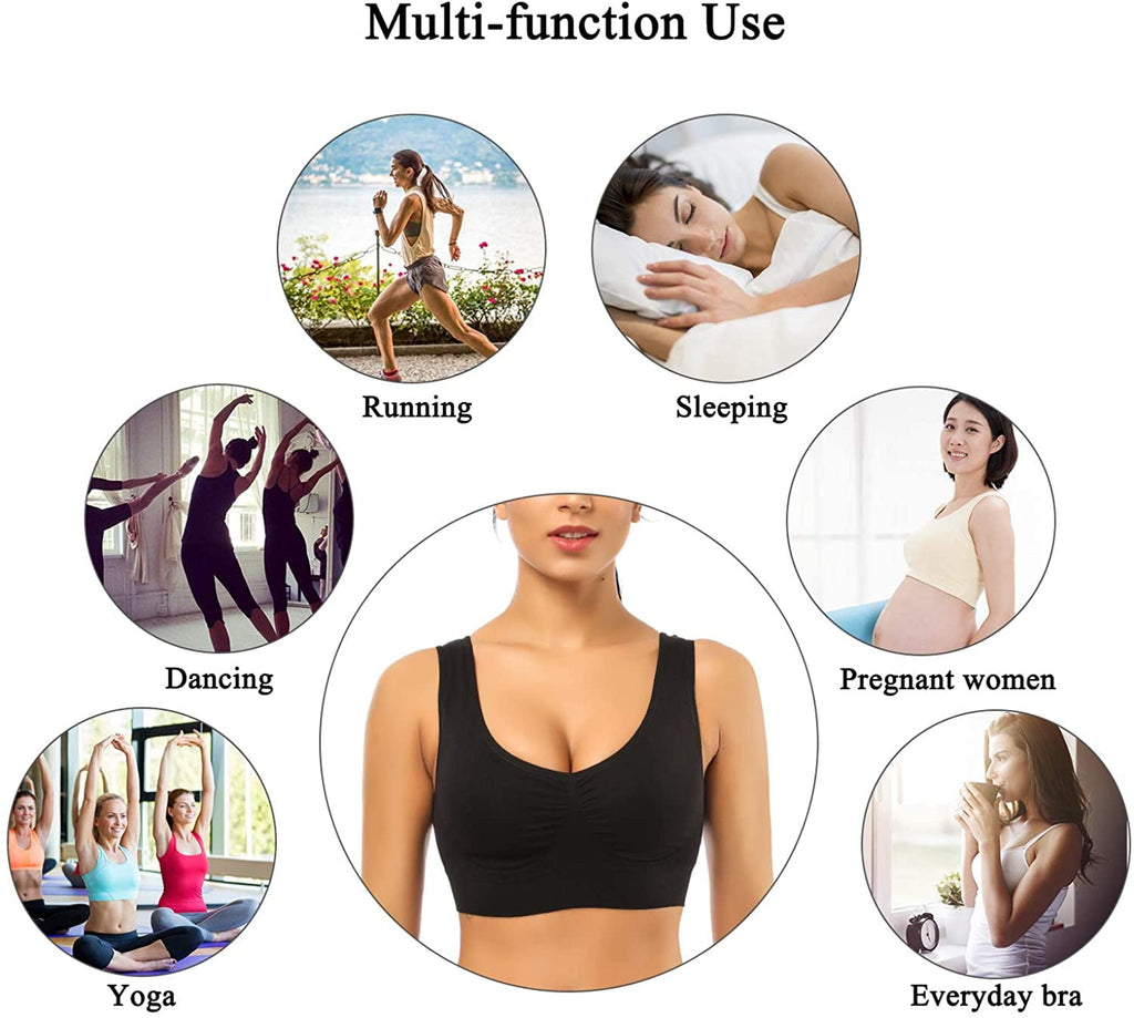 3 Pack Sports Bras for Women,Seamless Comfortable Bras Set with Removable Pads for Sleep,Pull on Closure Plus Size,Black,3XL