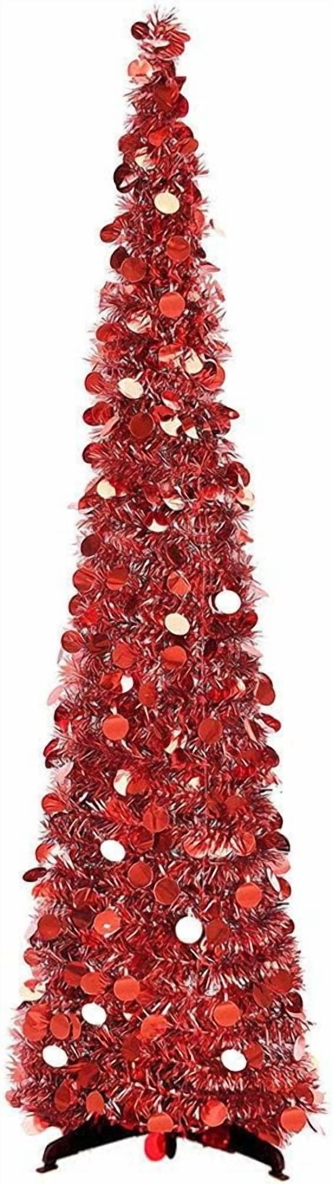 simeccom Christmas Tree Artificial Xmas Tree, 5 Ft Pop Up Tinsel Trees Collapsible Reusable Slim Tree Easy-Assembly for Home Christmas Decoration Red