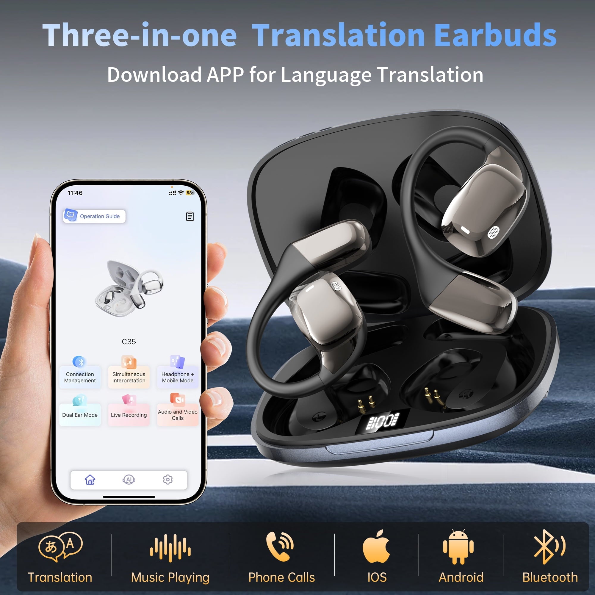 AI Language Translation Earbuds, 3-in-1 Real-Time AI Translator Earbuds for 144 Languages, Wireless Bluetooth Headphones Translator Device with App for iOS and Android, Ideal for Travel, Business, an