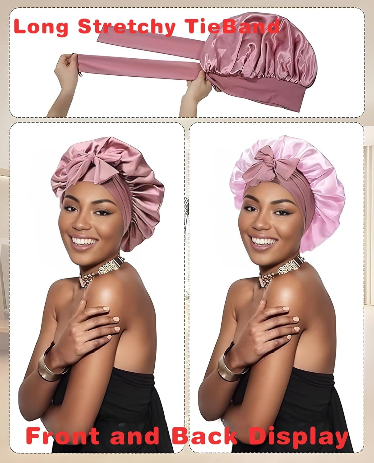 Satin Bonnet for Sleeping,Women Hair Bonnet,Elastic Tie Band Night Cap
