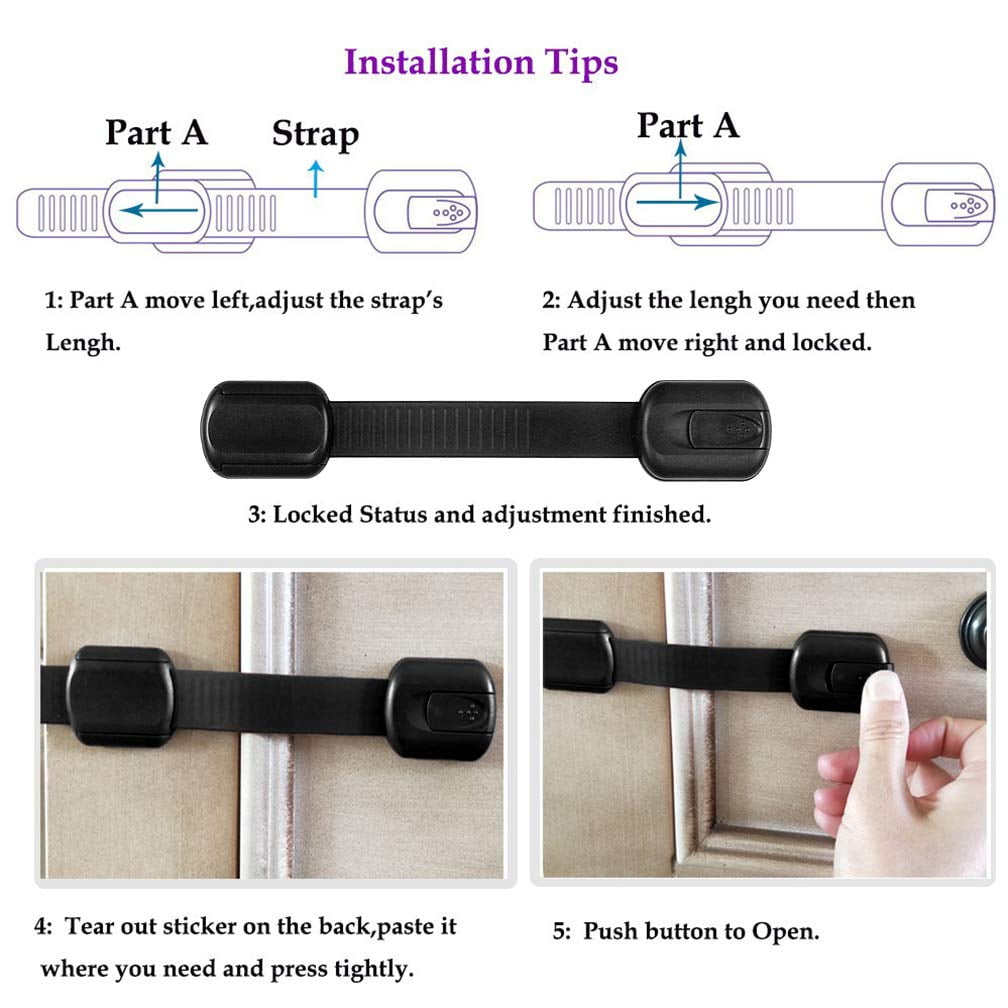 12 Pcs Child Safety Cabinet Lock with Self Adhesive Pads, Viaky Adjustable Straps Baby Proof Latches Black for Kitchen Drawer Oven Refrigerator Toilet Seat Doors Closet & Cupboard, No Drill Screw Tools