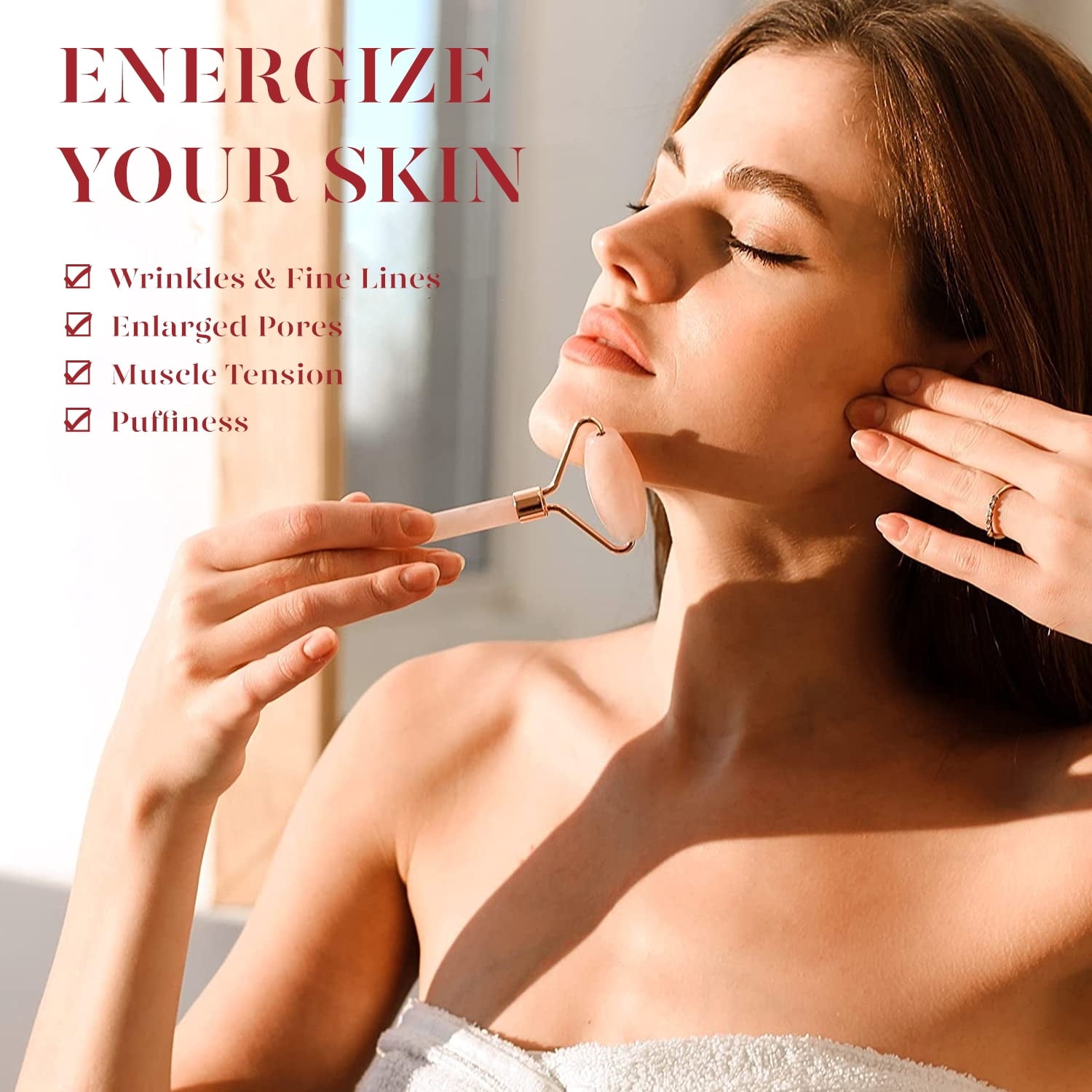 TIFOR Jade Roller & Gua Sha, Natural Jade Face Roller Gua Sha Facial Tools Skin Care Massager, Pink