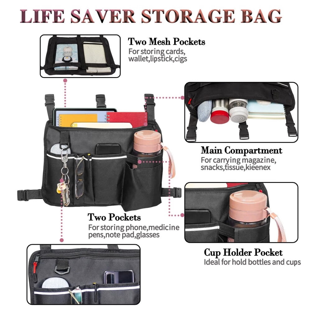 Large Walker Bag with Water Cup Holder,Walker Basket,Walker Accessories,Walker Bags For Folding Walker,Walker Bags For Seniors,Bag For Walker,Foldable Walker Storage Bag,Side Walker Bag