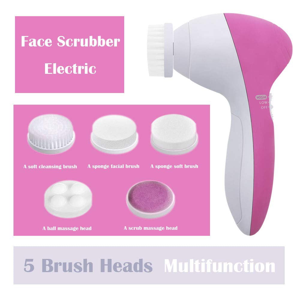 1 Set Facial Cleansing Brush,5 in 1 Electric Face Cleansing Brush Kit,Waterproof Face Wash Brush,Deep Face Scrubbing,Mini Beauty Skin Brush(Pink)