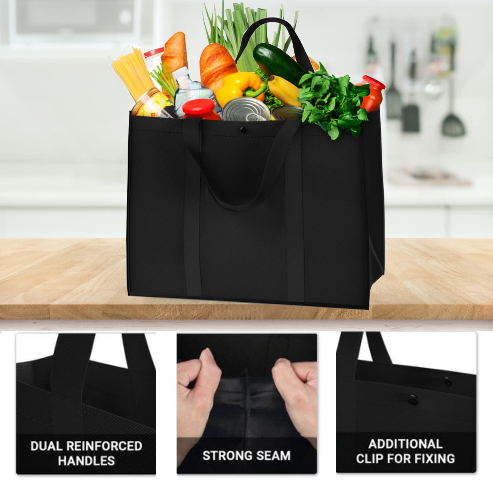 Set of 3 Reusable Grocery Bags,Large Foldable Heavy Duty Bag, Shopping Tote Produce Bag with Reinforced Handles & Thick Plastic Support Bottom, Black Washable Storage