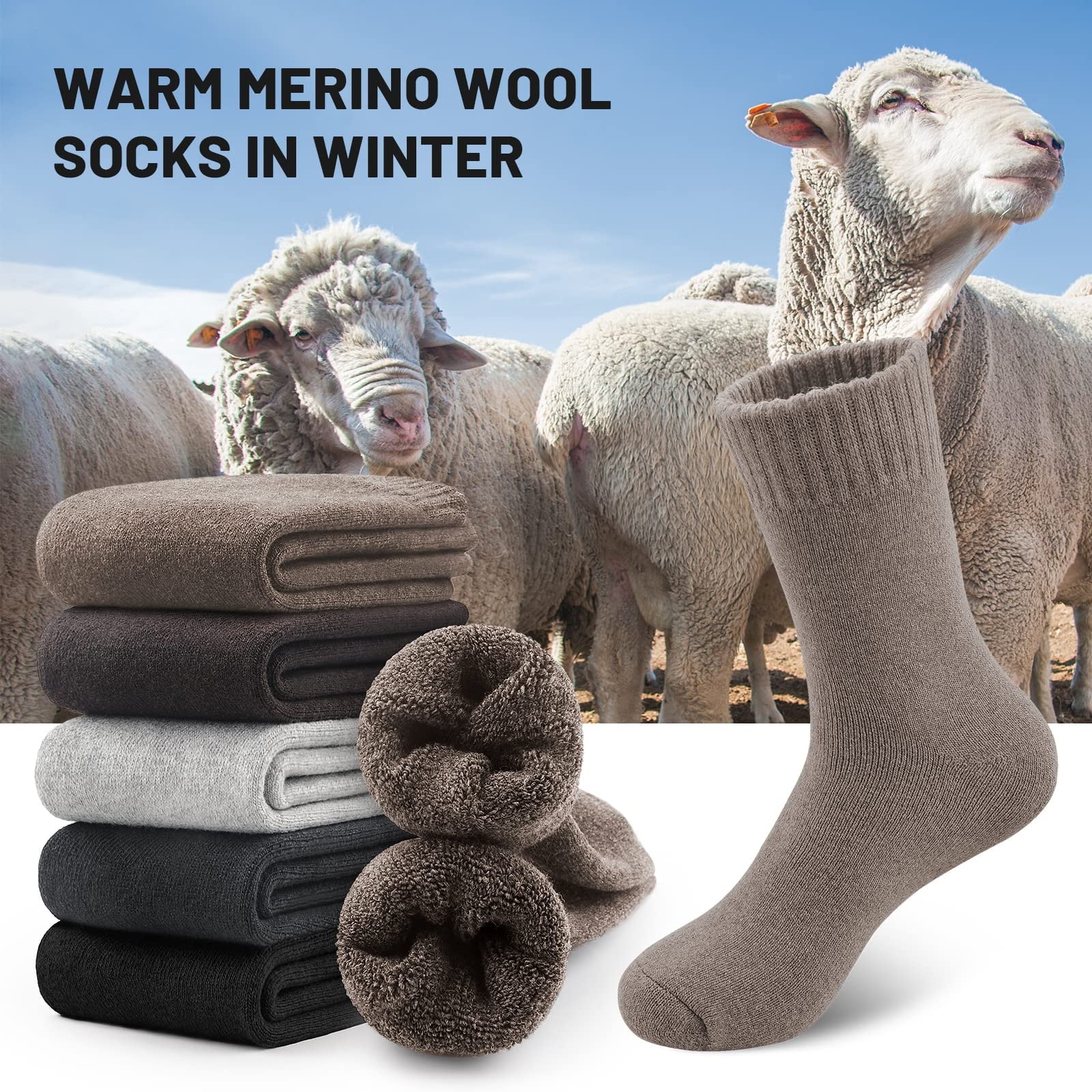 Merino Wool Hiking Socks for Men & Women Crew Length & Thermal 5 Pack