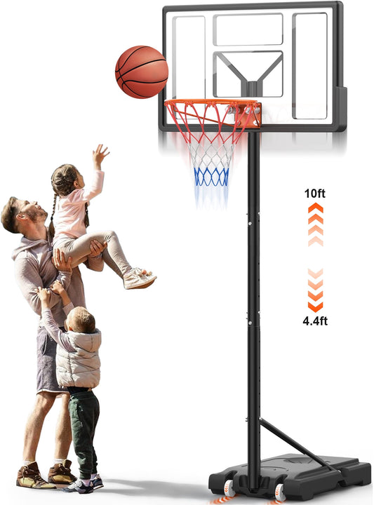 Qunler 44" Basketball Hoop, 4.4-10ft Height Adjustable Portable Basketball Goal System with Shatterproof PVC Backboard and 18" Rim, Kids Adults Basketball Court Indoor Outdoor