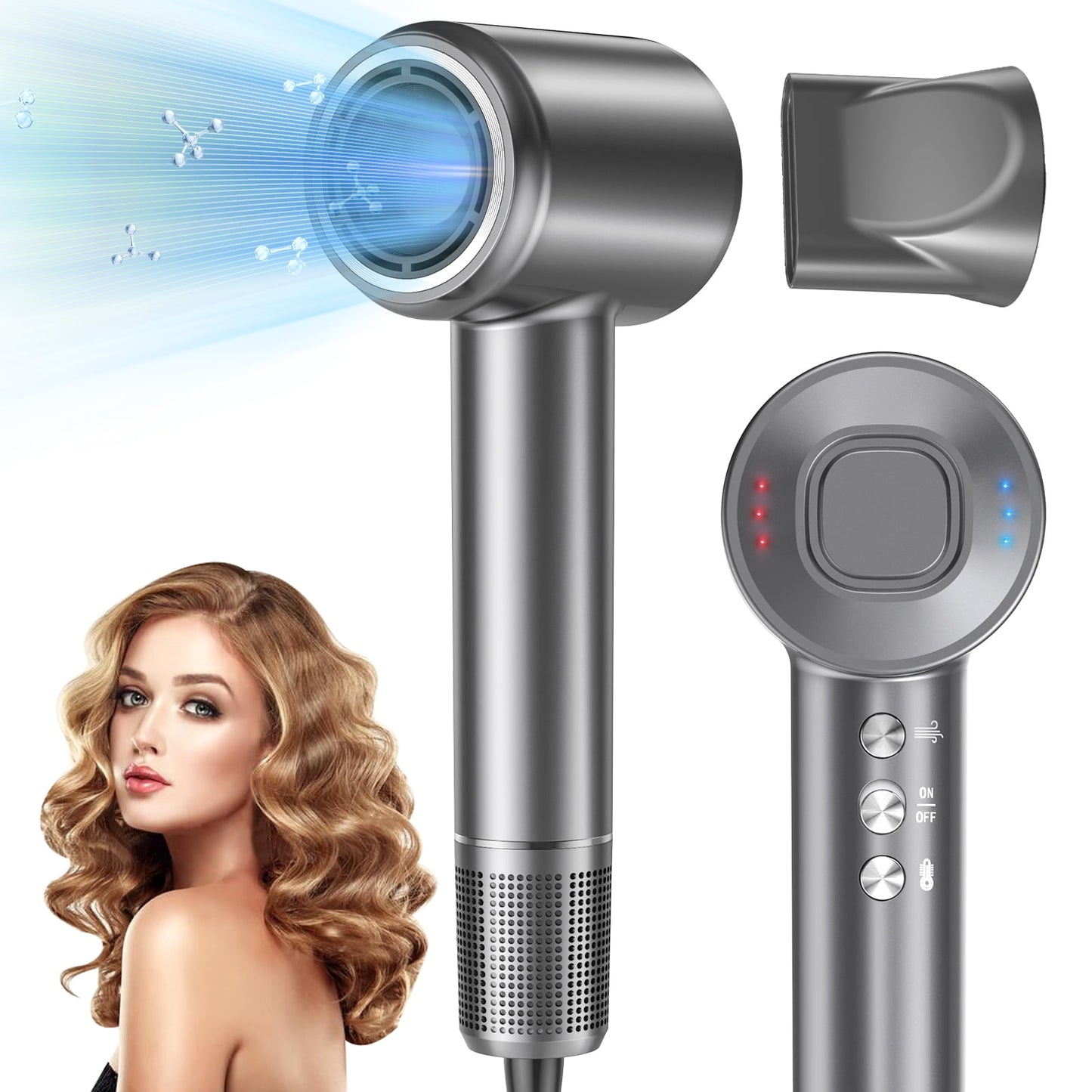 Hair Dryer, High-Speed Blow Dryer With 5 Temps & 3 Speeds, 200 Million Negative Ions Hair dryer, 110,000 RPM Brushless Motor for Fast Drying, Gray